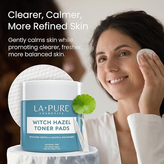 La Pure Korean Toner Pads, Large, 100 Ct, with Witch Hazel, Centella Asiatica & Niacinamide, Alcohol-Free, Gentle Exfoliating Pore & Dark Spot Care