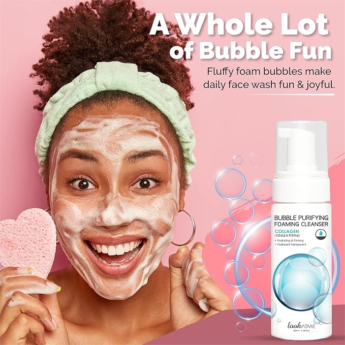 LOOKATME Korean Face Wash for Sensitive Skin - Water Based Bubble Skincare Cleanser - K Beauty Natural Acne Foaming Cleaner - Hydrating Skin Care Cleansing Foam with Low pH - Collagen
