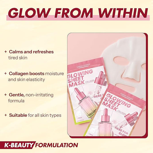 Collagen Face Mask – Dermatologist Tested, Anti-Aging, Korean Skin Care, Firms Hydrates Strengthens Barrier – Clean Beauty Vegan Sheet Mask for Dry Sensitive Skin – 5 Sheets