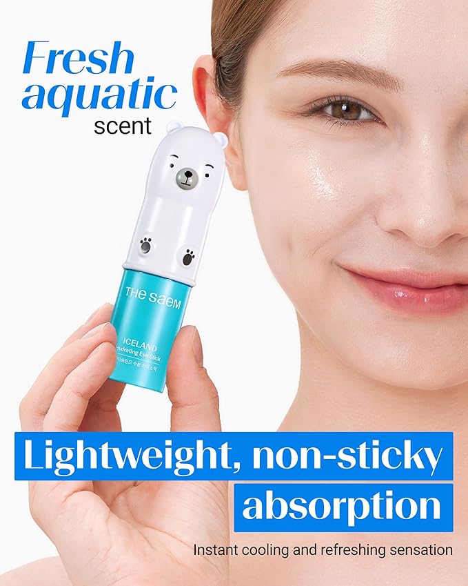 THESAEM Iceland Hydrating Eye Stick with Cute Bear Keyring Set - Cooling Balm for Dark Circles and Puffiness – Under Eye Treatment - Portable K-Beauty Charm for Bag & Pouch, Aqua Scent, 0.38oz