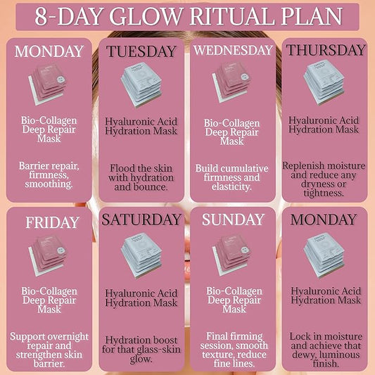 8-Mask Glow Ritual Set | 4 Bio-Collagen Deep Repair Masks + 4 Hyaluronic Acid Hydration Masks | Korean Overnight Firming, Repair & Glass Skin Glow | 30-Day K-Beauty Treatment