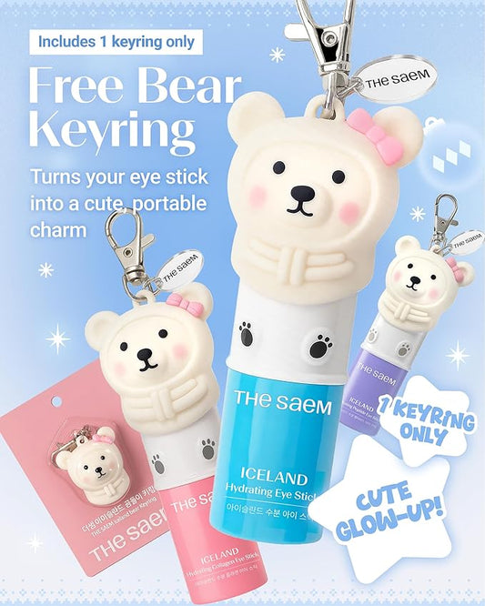 THESAEM Iceland Hydrating Eye Stick 3-Pack Set with Cute Bear Keyring - Cooling Balm Trio for Dark Circles, Wrinkles & Puffiness – Peptide & Collagen Under Eye Treatment - K-Beauty Gift Set