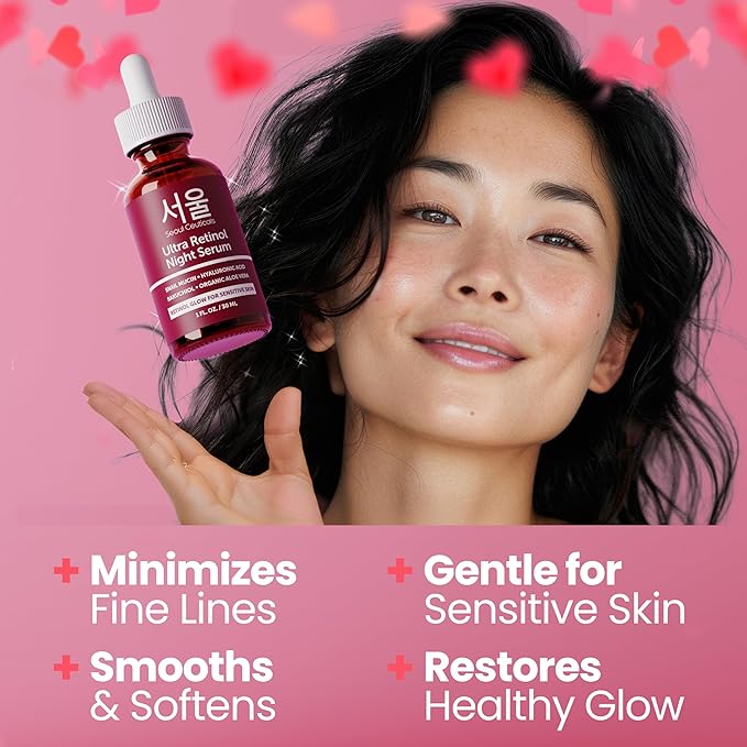 SeoulCeuticals 1% Korean Retinol Night Serum for Face - 97.5% Snail Mucin + Hyaluronic Acid + Bakuchiol, Cruelty Free K Beauty for Sensitive Skin 1oz