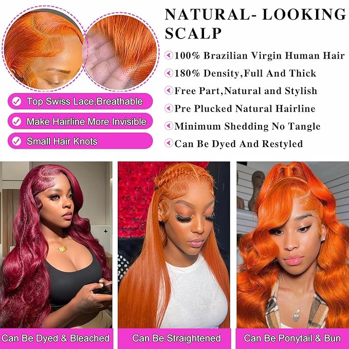 #350 Ginger Lace Front Wigs Human Hair Body Wave 13x4 HD Transparent Ginger Orange Lace Front Wig Human Hair Wear and Go Glueless Wig Pre Plucked 24 Inch Colored HD Lace Frontal Wigs For Black Women