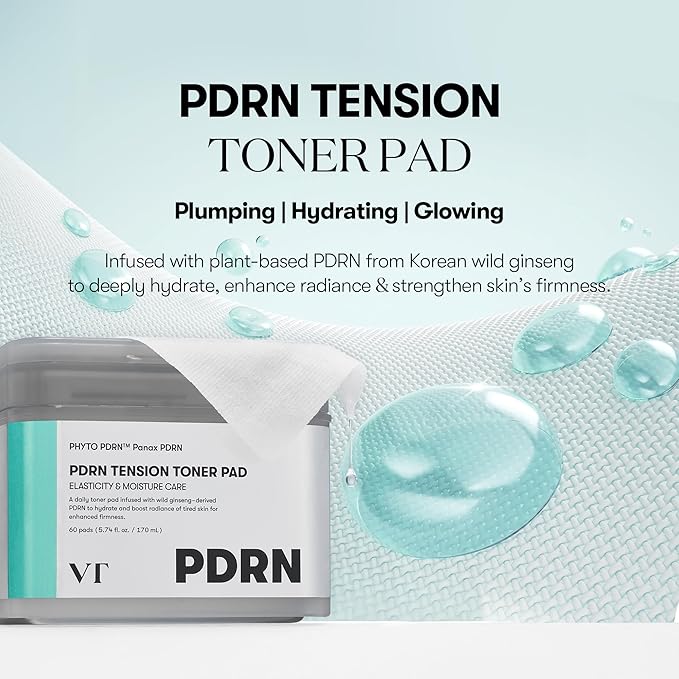 VT COSMETICS PDRN Tension Toner Pad, Hydrating Facial Toner Pads for Plumping with 8 Types Hyaluronic Acid & Panthenol, Stretching Pads for Elasticity & Moisture Care, Korean Skin Care (60 Units)