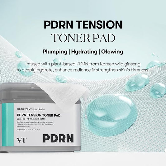VT COSMETICS PDRN Tension Toner Pad, Hydrating Facial Toner Pads for Plumping with 8 Types Hyaluronic Acid & Panthenol, Stretching Pads for Elasticity & Moisture Care, Korean Skin Care (60 Units)