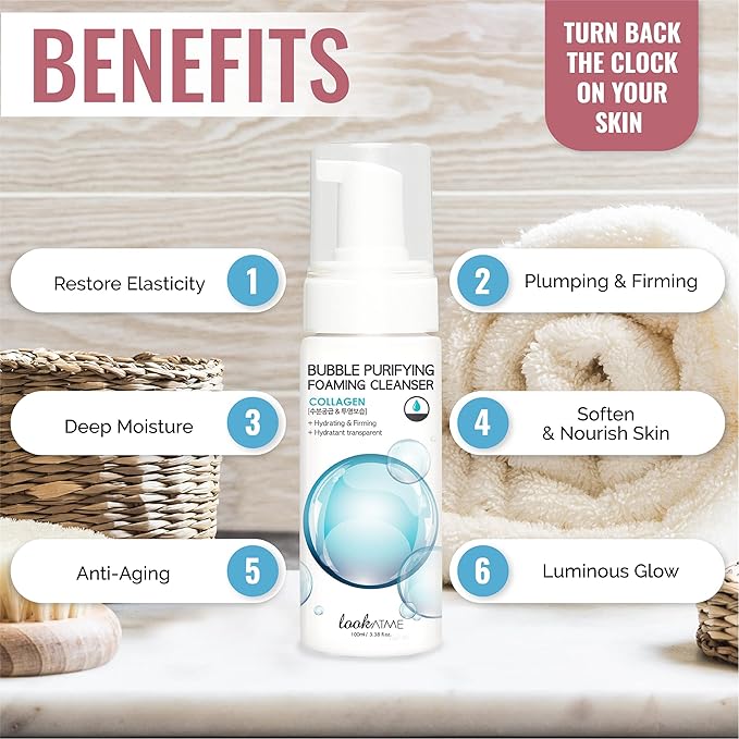 LOOKATME Korean Face Wash for Sensitive Skin - Water Based Bubble Skincare Cleanser - K Beauty Natural Acne Foaming Cleaner - Hydrating Skin Care Cleansing Foam with Low pH - Collagen