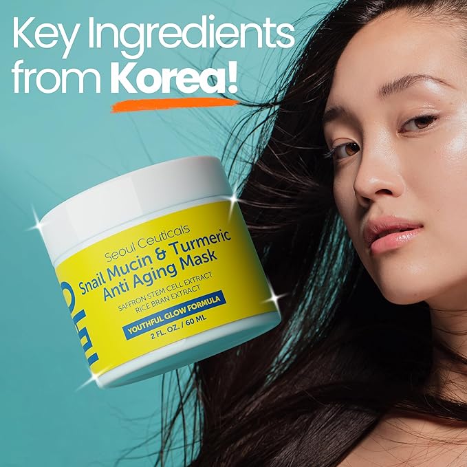 SeoulCeuticals Korean Face Mask Skin Care - Snail Mucin Turmeric Mask for Face – Cruelty Free K Beauty Anti Aging Face Mask for Healthy, Youthful Glow 2oz