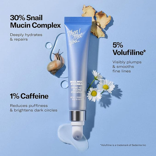 Then I Met You Snail Mucin Eye Cream, Korean Skincare for Dark Circles, Puffy Eyes, Fine Lines & Dehydrated Skin, Firming, Brightening and Plumping Treatment with Volufiline* & Caffeine, 0.51 oz