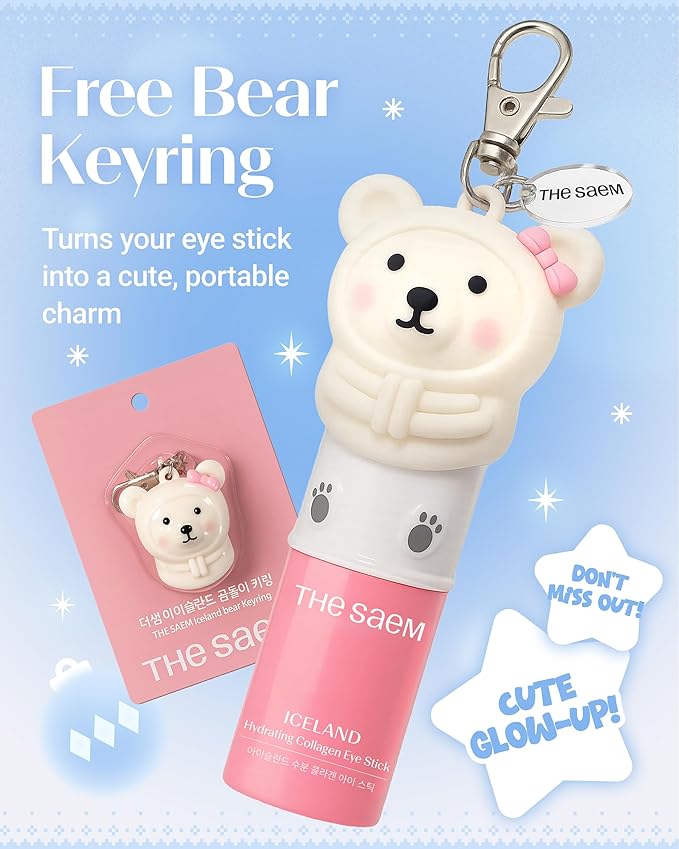 THESAEM Iceland Hydrating Collagen Eye Stick with Cute Bear Keyring Set - 6 Types Collagen Anti-Wrinkle Cooling Balm for Saggy Skin – Under Eye Treatment - Portable K-Beauty Charm, Rose Scent, 0.38oz