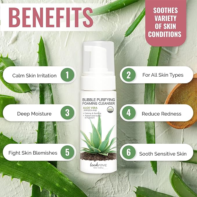 Korean Face Wash for Sensitive Skin - Water Based Bubble Skincare Cleanser - K Beauty Natural Acne Foaming Cleaner - Hydrating Skin Care Cleansing Foam with Low pH - Aloe Vera