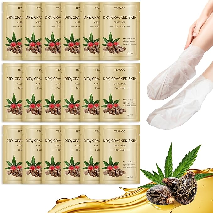 18 Pairs Moisturizing Foot Masks with Castor Oil & Jojoba Oil, Intensely Hydrating Foot Mask For Dry Cracked Feet, Moisturizing Socks for Cracked Heel Treatment