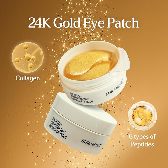 SUR.MEDIC+ SURMEDIC Perfection 24K Gold Eye patches (60 Pairs), Gel Under Eye Pad for Puffy Eyes and Dark Circles with Caffeine, Undereye Bags, Korean Eye Skin Care with Collagen