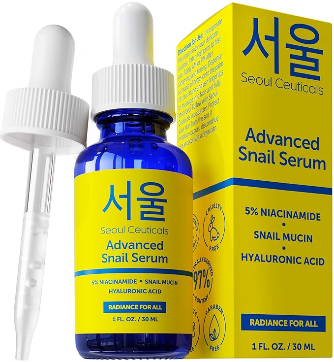SeoulCeuticals Korean 5% Niacinamide + Snail Mucin 97.5% Essence Serum + Hyaluronic Acid, Cruelty Free Korean Skin Care, Natural & Organic Anti Aging Face Serum for Dull Skin, K Beauty 1oz